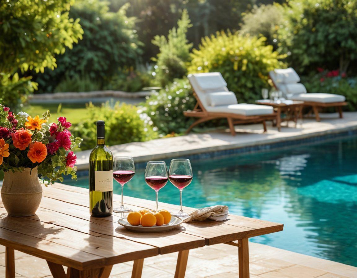 A serene poolside scene featuring a beautifully set table with wine glasses and bottles, surrounded by lush greenery and vibrant flowers. In the background, gentle waves lap at the edge of the pool, reflecting the sunlight, while people are joyfully swimming and lounging. The atmosphere is lively yet relaxing, capturing the essence of viniculture and aquatic bliss. Capture this joyful fusion in vibrant colors and a sun-soaked ambiance. 3D. vibrant colors.