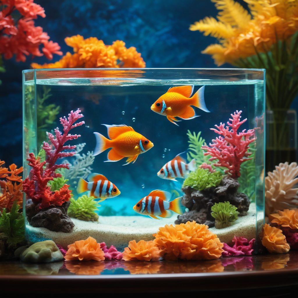 A serene underwater scene featuring colorful tropical fish gracefully swimming among vibrant corals, while a glass of vintage wine rests on a beautifully set table beside a large aquarium. Soft light filtering through the water creates a tranquil ambiance, emphasizing the joy of aquatic life and relaxation. Add delicate bubbles rising to the surface and a hint of greenery near the aquarium. super-realistic. vibrant colors. bright background.